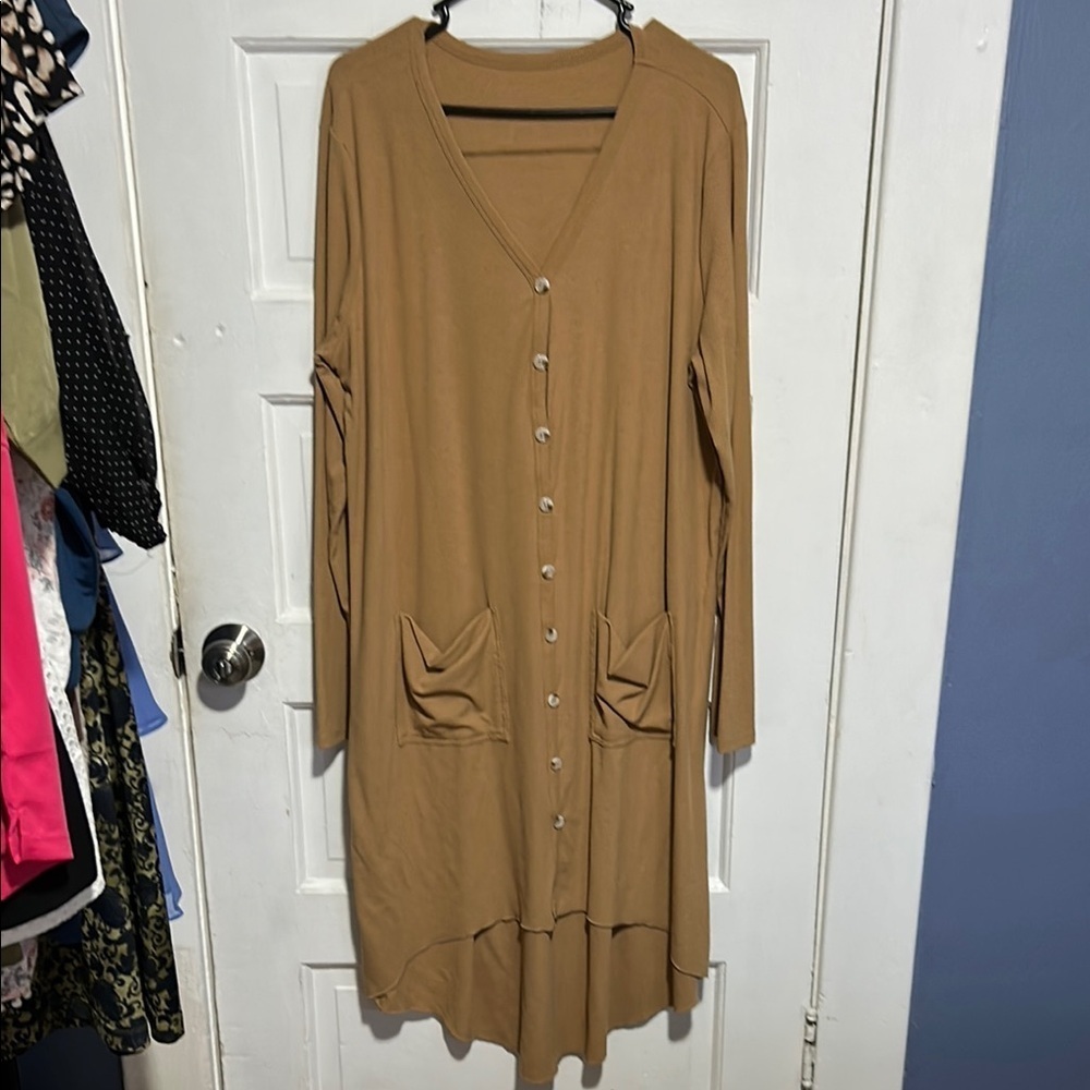 Tan Button-Down Long Sleeve Dress